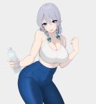  absurdres alternate_costume bare_shoulders blue_eyes bottle bow braid breasts cleavage green_bow grey_hair hair_bow highres izayoi_sakuya large_breasts medium_hair smile sports_bra sportswear touhou twin_braids umisaki water_bottle 