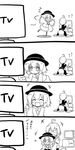  1girl 4koma ahoge box comic commentary futa_(nabezoko) greyscale hat highres komeiji_koishi mikan_box monochrome morichika_rinnosuke short_hair sitting touhou translated watching_television 