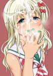  1girl blonde_hair blue_eyes bow commentary_request cum cum_on_hair diagonal-striped_neckerchief facial fingernails grecale_(kancolle) green_nails hair_bow harukaze_unipo highres kantai_collection long_hair looking_at_viewer nail_polish neckerchief parted_lips red_bow red_neckerchief sailor_collar solo striped_neckerchief upper_body white_sailor_collar 