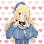  atago_(kantai_collection) blonde_hair breasts ddal fingernails green_eyes hat heart heart_hands highres huge_breasts kantai_collection long_hair looking_at_viewer smile solo upper_body 