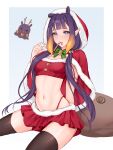  1girl absurdres alternate_costume bell blue_eyes candy candy_cane christmas evangellium food fur-trimmed_skirt fur_trim highres hololive hololive_english ninomae_ina&#039;nis pointy_ears purple_hair red_hood red_skirt skirt takodachi_(ninomae_ina&#039;nis) 