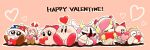  2girls :o ^_^ armor black_eyes blue_headwear blush bouncy_(kirby) bow brown_footwear chuchu_(kirby) closed_eyes closed_mouth commentary_request dress galacta_knight gloves grey_skirt hair_between_eyes hair_ribbon happy_valentine hat heart holding holding_heart horns jester_cap kirby kirby_(series) lalala_(kirby) long_hair long_sleeves looking_at_viewer marx_(kirby) mask multicolored_clothes multicolored_headwear multiple_girls outline pauldrons pink_background pink_hair red_bow red_dress red_eyes red_headwear red_ribbon ribbon ribbon_(kirby) satojoyu shadow shoes short_hair shoulder_armor simple_background sitting skirt smile susie_(kirby) swept_bangs u_u white_outline yellow_bow yellow_gloves yellow_horns 