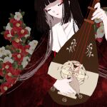  1girl bachi biwa_lute black_background black_hair blunt_bangs closed_eyes closed_mouth commentary_request cowboy_shot expressionless eyeshadow fate/grand_order fate_(series) floral_background flower hand_up haori head_tilt highres hime_cut holding holding_instrument instrument japanese_clothes kimono komahime_(fate) long_hair long_sleeves lute_(instrument) makeup meno_(user_enmn4422) music pale_skin playing_instrument plectrum red_eyeshadow red_flower red_lips right-over-left_kimono solo white_flower white_kimono wide_sleeves 