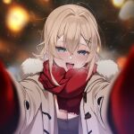  absurdres blonde_hair blue_eyes breasts cleavage fang_qiao hair_between_eyes hair_intakes highres jacket large_breasts long_hair long_sleeves looking_at_viewer meme mittens night on&#039;na_eshi_(fang_qiao) open_mouth original outdoors pov_cheek_warming_(meme) red_scarf scarf smile snow teeth tongue upper_teeth_only 