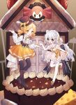  2girls :d animal_ears blonde_hair boots breasts brown_footwear brown_thighhighs cake charlotte_(madoka_magica) cheese chocolate_cake drill_hair fake_animal_ears flower food gingerbread_house hair_flower hair_ornament hair_ribbon hat hat_feather highres knee_boots long_hair mahou_shoujo_madoka_magica mahou_shoujo_madoka_magica:_hangyaku_no_monogatari mahou_shoujo_madoka_magica_(anime) momoe_nagisa multiple_girls neck_ribbon pill ribbon roro_(lolo) sailor_collar single_wrist_cuff smile standing standing_on_one_leg striped striped_thighhighs thighhighs tomoe_mami top_hat twin_drills very_long_hair white_hair white_sailor_collar white_thighhighs wrist_cuffs yellow_eyes yellow_ribbon 