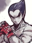  1boy black_eyes black_hair closed_mouth collarbone gloves heterochromia kotorai looking_at_viewer male_focus mishima_kazuya monochrome pectorals red_eyes red_gloves scar scar_on_arm scar_on_face sketch smile solo spot_color tekken thick_eyebrows topless_male upper_body 