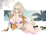  1girl abs barghest_(fate) barghest_(swimsuit_archer)_(fate) barghest_(swimsuit_archer)_(final_ascension)_(fate) barghest_(swimsuit_archer)_(first_ascension)_(fate) biceps bikini blonde_hair breasts cleavage collarbone fate/grand_order fate_(series) fingerless_gloves gloves green_eyes grey_headwear grey_skirt hat high_ponytail highres horns huge_breasts long_hair looking_to_the_side midriff miniskirt multicolored_bikini multicolored_clothes muscular muscular_female navel neckerchief orange_gloves orange_shirt pencil_skirt shirt shoes short_sleeves sidelocks skirt sneakers solo swimsuit thick_thighs thighs tied_shirt ushinoyavi white_bikini 