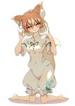  1girl :p absurdres animal_ear_fluff animal_ears barefoot blonde_hair blush breasts brown_eyes closed_mouth commentary_request double_fox_shadow_puppet eyelashes fox_ears fox_girl fox_shadow_puppet fox_tail full_body green_ribbon hair_between_eyes hands_up head_tilt heart heart-shaped_pupils highres kneeling kudamaki_tsukasa looking_at_viewer ribbon romper seika_okawari short_sleeves simple_background small_breasts smile solo symbol-shaped_pupils tail tail_raised tongue tongue_out touhou white_background white_romper 