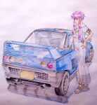  1girl aria_(manga) aria_company_uniform autozam_az-1 blue_bow blue_bowtie blue_car blue_gloves bow bowtie car closed_mouth cwind dress full_body gloves gold_trim grey_background hair_tubes hand_on_own_hip mizunashi_akari motor_vehicle pink_hair print_dress sailor_collar short_hair_with_long_locks short_sleeves side_slit single_glove sketch solo spoiler_(automobile) sports_car standing traditional_media vehicle_focus white_dress white_footwear 