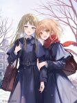  2girls :d arm_hug bag bare_tree blue_coat blue_eyes blue_necktie brown_eyes character_request coat copyright_request fukahire_(ruinon) long_hair multiple_girls necktie red_scarf scarf school_bag school_uniform sidelocks smile snow tree twitter_username winter winter_clothes winter_coat yellow_eyes yuri 