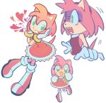  1girl amy_rose blush dress furry furry_female gloves green_eyes hairband heart hedgehog_girl highres mangohcake multiple_views pink_fur red_dress red_footwear red_hairband scared simple_background smile sonic_(series) white_background white_gloves 