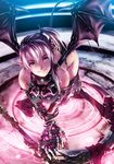  all_fours breasts demon_girl demon_tail demon_wings earrings fangs gauntlets glowing hanging_breasts jewelry large_breasts looking_at_viewer magic_circle original pink_eyes pointy_ears purple_hair rezi scythe side_ponytail sleeveless solo source_request tail tattoo wings 