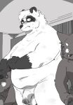 2023 anthro balls belly blush bodily_fluids canid canine canis detailed_background domestic_dog flaccid genitals group hi_res humanoid_hands inside kemono male mammal mikanyeye moobs nipples overweight overweight_male penis raccoon_dog sweat tanuki