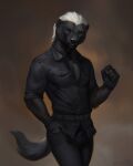 2023 anthro badger black_nose black_sclera blue_eyes bottomwear clothed clothing dark_pants dark_topwear dated fur glistening glistening_eyes grey_body grey_bottomwear grey_clothing grey_fur grey_pants grey_topwear honey_badger looking_at_viewer lostgoose male mammal mustelid musteline open_clothing open_topwear pants portrait signature simple_background smile solo standing three-quarter_portrait topwear white_body white_fur