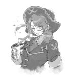  1boy glasses gregor_(project_moon) greyscale hand_up hat hook_hand jacket limbus_company looking_at_viewer low_ponytail male_focus monochrome open_mouth pirate_hat project_moon smile solo uchimura_(rino0525) wing_collar 