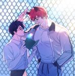 2boys aged_down bandaid bandaid_on_face bandaid_on_nose book character_request eye_contact feet_out_of_frame fence glasses height_difference highres league_of_legends looking_at_another male_focus multiple_boys red_hair sett_(league_of_legends) short_hair thick_eyebrows yaoi yotti 