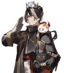  1boy animal_on_head animal_on_shoulder annoyed arknights belt black_coat black_hair black_skin carrying chong_yue_(arknights) coat colored_skin commentary dragon_boy dragon_bubble_(arknights) dragon_horns dusk_(arknights) goma_74umai grin hand_up highres horns jitome light_brown_hair ling_(arknights) long_hair looking_at_viewer multicolored_hair nian_(arknights) on_head orange_eyes pointy_ears red_eyes shirt simple_background smile streaked_hair upper_body white_background white_shirt 