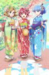  aqua_eyes asa_no_ha_(pattern) blue_eyes blue_hair blue_kimono fan floral_print folding_fan glasses green_kimono hououji_fuu japanese_clothes kikumon kimono looking_at_viewer magic_knight_rayearth multiple_girls open_mouth pink_hair print_kimono red_eyes red_kimono round_eyewear ryuuzaki_umi sandals seigaiha shidou_hikaru shippou_(pattern) skimlines tabi tree yukata 