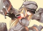  bare_shoulders bismarck_(kantai_collection) black_gloves blonde_hair blue_eyes blurry breastplate cannon depth_of_field detached_sleeves gloves hat hat_over_one_eye kantai_collection long_hair looking_at_viewer military military_hat military_uniform mizushina_minato one_eye_covered outstretched_arm peaked_cap smile solo uniform 