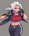  1girl abs black_jacket black_pants black_track_suit double_dragon fingerless_gloves gloves jacket kunio-kun_series marian_kelly midriff muscular nycnouu pants red_sports_bra river_city_girls sketch sports_bra white_hair 