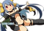  artist_name asymmetrical_wings bare_shoulders black_legwear blue_hair blush bow breasts character_name choker dizzy guilty_gear hair_bow highres long_hair looking_at_viewer medium_breasts mirano navel open_mouth outstretched_arms red_eyes ribbon smile solo tail tail_ribbon thighhighs twintails underboob very_long_hair white_background wings 