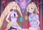  2girls blonde_hair blurry blurry_background commission glowing glowing_eyes green_eyes hair_over_one_eye highres hypnosis lillie_(pokemon) lusamine_(pokemon) mind_control multiple_girls na_shacho pokemon pokemon_(creature) skeb_commission 