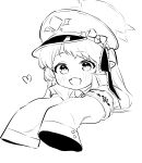  1girl absurdres armband blanchat blue_archive bow cropped_torso greyscale hat hat_bow highres ibuki_(blue_archive) jacket lineart looking_at_viewer military_jacket monochrome open_mouth oversized_clothes peaked_cap pointy_ears side_ponytail simple_background smile solo upper_body white_background 