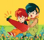  1boy 1girl aged_down artist_name braid braided_ponytail child fangs flower frog grass hairband hibiki_ryouga open_mouth orange_flower pls_type_urname ranma-chan ranma_1/2 red_hair sitting yellow_flower yellow_hairband 