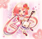  absurdly_long_hair cherry chibi comin food fruit hair_ornament instrument long_hair mahou_shoujo_taisen musical_note open_mouth pink_eyes pink_hair shamisen shiratori_neo smile very_long_hair 