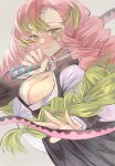  1girl absurdres blush braid breasts cleavage demon_slayer_uniform emasrrkn gradient_hair green_eyes green_hair grey_background highres holding holding_sword holding_weapon japanese_clothes kanroji_mitsuri kimetsu_no_yaiba large_breasts long_hair long_sleeves looking_at_viewer mole mole_under_eye multicolored_hair pink_hair smile solo sword twin_braids weapon whip_sword 