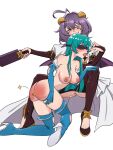 2girls ahoge anus ass bat_wings black_hair blindfold blush boots breasts cape cum cum_on_body elbow_gloves evil_smile facial_mark femdom gloves green_hair high_heels highres hiiragi_utena holding holding_paddle horns large_breasts long_hair magia_azul magia_baiser mahou_shoujo_ni_akogarete minakami_sayo multiple_girls nail_polish nipples paddle pussy pussy_juice pussy_peek saliva simple_background smile spanked star-shaped_pupils star_(symbol) symbol-shaped_pupils tongue tongue_out torn_clothes user_wwaz5472 white_background wings yellow_eyes yuri 