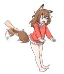  1boy 1girl animal_ear_fluff animal_ears barefoot blush brown_hair comodomodo fang feet fox_ears fox_girl fox_tail grabbing_another&#039;s_tail green_eyes no_pants open_mouth orange_shirt original shirt short_hair sol_(comodomodo) surprised tail tail_grab thighs toes 