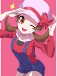  1girl ;d blue_overalls bow brown_eyes brown_hair commentary_request cowboy_shot dusk_poke27 eyelashes hands_up hat hat_bow highres long_hair looking_at_viewer lyra_(pokemon) one_eye_closed open_mouth overalls pink_background pokemon pokemon_hgss red_bow red_shirt shirt simple_background smile solo twintails 
