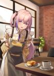  1girl 3_small_spiders apron arms_behind_back black_apron commentary_request commission girls&#039;_frontline highres indoors leaning_forward long_hair looking_at_viewer multicolored_hair official_alternate_costume one_side_up open_mouth pink_hair plaid purple_eyes purple_hair skeb_commission solo st_ar-15_(girls&#039;_frontline) streaked_hair table two-tone_hair 