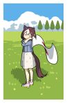  1girl ^_^ animal_ears blue_jacket brown_hair closed_eyes cloud day dress flag grass highres holding holding_flag horse_ears horse_girl horse_tail jacket japanese_flag kashinoki_(koaaski) looking_at_viewer looking_back multicolored_hair no_mouth outdoors shadow shoes short_hair sleeves_rolled_up sneakers socks solo special_week_(umamusume) standing tail tree two-tone_hair umamusume white_dress 