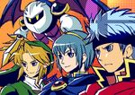  absurdres blonde_hair blue_eyes blue_hair bon_(poke) earrings fire_emblem fire_emblem:_monshou_no_nazo fire_emblem:_souen_no_kiseki galaxia_(sword) gloves hat headband highres ike jewelry kirby_(series) link male_focus marth mask meta_knight multiple_boys pointy_ears sketch smile super_smash_bros. sword the_legend_of_zelda the_legend_of_zelda:_twilight_princess tiara weapon 