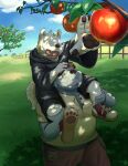2024 anthro apple bottomwear canid canine canis carrying clothing detailed_background domestic_dog duo food fruit grey_body hi_res hoodie humanoid_hands kemono male mammal o_hashi2020 outside overweight overweight_male pants piggyback plant shirt shorts topwear tree