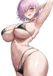  1girl alternate_costume animated animated_gif arm_up armpits bikini black_bikini blush breasts commentary fate/grand_order fate_(series) hair_over_one_eye jasony large_breasts mash_kyrielight one_eye_covered open_mouth paid_reward_available pink_hair purple_eyes shiny_skin short_hair simple_background smile solo stomach swimsuit underboob wet white_background 