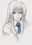  1girl blue_eyes blue_necktie collared_shirt commentary_request cropped_torso highres jormungand_(manga) koko_hekmatyar long_hair looking_at_viewer madori_(sayuri5) necktie red_lips shirt simple_background smile solo white_background white_hair white_shirt 