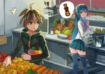  1boy 1girl ahoge bad_id bad_pixiv_id black_legwear blue_eyes blue_hair brown_hair cameo carrying cooking danganronpa danganronpa_1 food hair_ornament hairclip hood hooded_jacket jacket kitchen long_hair maizono_sayaka monokuma naegi_makoto pleated_skirt school_uniform serafuku skirt smile spoken_object thighhighs translation_request vegetable zettai_ryouiki zhuxiao517 