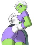  1girl ass breasts cheelai closed_mouth colored_skin dragon_ball dragon_ball_super dragon_ball_super_broly gloves green_skin highres looking_at_viewer saiyan_armor short_hair simple_background smile solo toshinoshin white_background white_gloves white_hair 