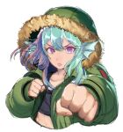  1girl aqua_hair clenched_hands commentary cosplay crop_top english_commentary finana_ryugu fins fur-trimmed_jacket fur_trim green_jacket head_fins hood hood_up jacket nano_(0nonano) nijisanji nijisanji_en purple_eyes ryuu_ga_gotoku_(series) ryuu_ga_gotoku_4 saejima_taiga saejima_taiga_(cosplay) simple_background solo white_background 