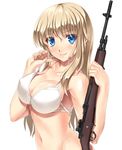  armpits bare_shoulders battle_rifle bikini bikini_top blonde_hair blue_eyes blush breasts cleavage collarbone gun hammerman_benkei holding holding_gun holding_weapon large_breasts long_hair looking_at_viewer m14 m14_(upotte!!) midriff navel personification rifle simple_background smile solo strap_pull swimsuit upotte!! weapon white_background white_bikini 