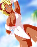  286c areola_slip areolae arm_up armpits blonde_hair blue_eyes breasts cleavage covered_nipples dark_areolae dark_skin dutch_angle gloves hair_ribbon hand_on_hip highres huge_breasts kuramitsu_mihoshi mismatched_gloves one-piece_swimsuit pointy_ears ribbon ribbon_bangs smile solo swimsuit tenchi_muyou! thighhighs white_gloves 