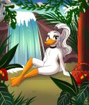 accessory anatid anseriform anthro avian bird bow_ribbon casual_nudity daisy_duck disney disney&#039;s_house_of_mouse duck ear_piercing ear_ring featureless_nudity female forest hair hair_accessory hair_bow hair_ribbon hi_res jungle long_hair long_ponytail lunula_(artist) nature nude outdoor_nudity piercing plant ponytail ribbons ring_piercing solo tree tropical vacation waterfall
