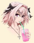  1boy astolfo_(fate) astolfo_(memories_at_trifas)_(fate) black_bow bow collarbone cup drink drinking drinking_straw fate/apocrypha fate/grand_order fate_(series) hair_bow hair_intakes highres holding holding_cup ice ice_cube jewelry male_focus multicolored_hair otoko_no_ko pendant pink_hair pink_liquid portrait purple_eyes samyrkandia sepia_background simple_background solo streaked_hair white_hair 