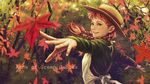  anne_of_green_gables anne_shirley autumn braid hat highres leaf maple_leaf outstretched_arms red_hair smile socha_(pixiv99744) solo twin_braids world_masterpiece_theater 