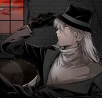  1boy black_gloves black_headwear black_jacket closed_mouth from_side gin_(meitantei_conan) gloves grey_hair hand_up highres indoors jacket long_hair male_focus meitantei_conan profile red_eyes red_sky shimada_(dmisx) sky sweater window 