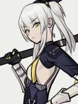  1girl black_bodysuit bodysuit breasts from_side ghxstfood grey_background grey_bodysuit grey_hair headgear highres holding holding_weapon huge_weapon karenina:_scire_(punishing:_gray_raven) karenina_(punishing:_gray_raven) long_hair looking_at_viewer mechanical_arms punishing:_gray_raven sideboob sidelocks small_breasts solo twintails weapon yellow_eyes 