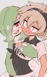  2girls bea_(pokemon) blush bodysuit bodysuit_under_clothes breasts confused covered_abs gardevoir grabbing grabbing_another&#039;s_breast grabbing_from_behind groping hand_under_clothes hand_under_shorts heart heart-shaped_pupils highres implied_fingering kurachi_mizuki multiple_girls open_mouth pokemon pokemon_swsh pokephilia red_eyes saliva short_hair shorts sweat symbol-shaped_pupils yuri 